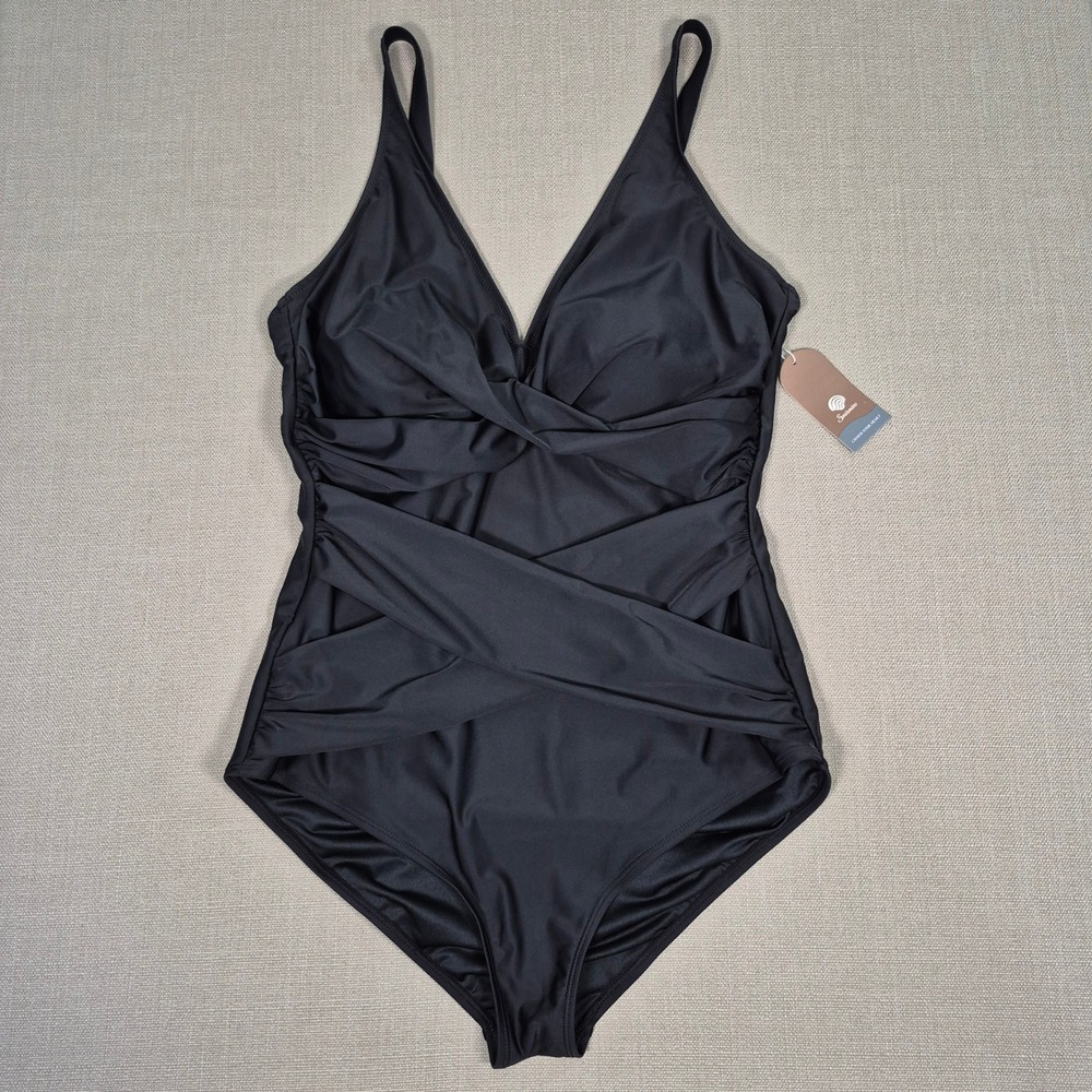 Smismivo Black One Piece Tummy Control Swimsuit Ruched V-Neck Size XXL NWT